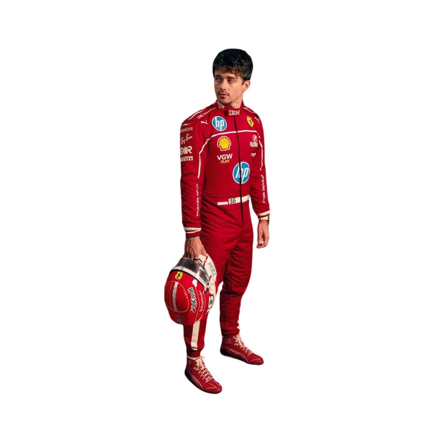 Right Side profile of the 2025 Charles Leclerc  F1 costume, showing curved sleeve patterns, ergonomic panel stitching, and side sponsor detailing.