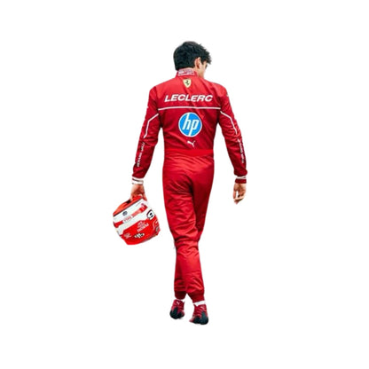 Rear view of 2025 F1 race suit worn by Leclerc with fitted cut, driver branding, and team insignia placed above the aerodynamic spine panel.