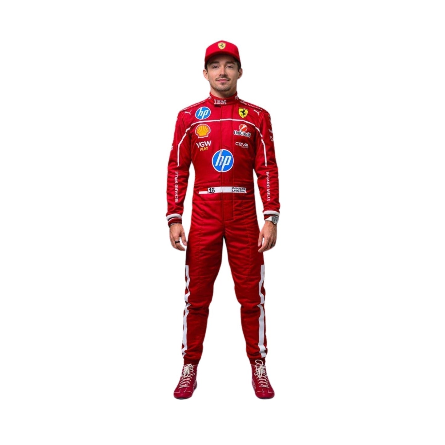 2025 F1 racing costume front view worn by Charles Leclerc featuring aerodynamic design, sponsor patches, and sharp contrast panels in red, black, and silver.