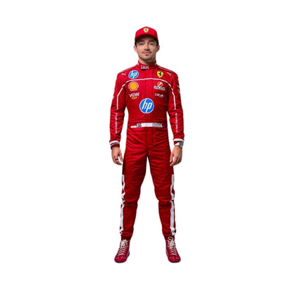 2025 F1 racing costume front view worn by Charles Leclerc featuring aerodynamic design, sponsor patches, and sharp contrast panels in red, black, and silver.