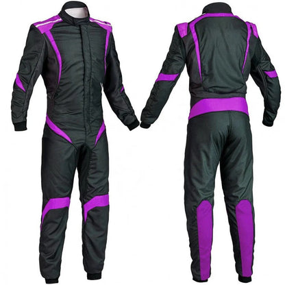 A custom black and purple go kart racing outfit, with the front and back views shown, featuring a full zip and elasticated cuffs.