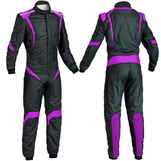 A custom black and purple go kart racing outfit, with the front and back views shown, featuring a full zip and elasticated cuffs.