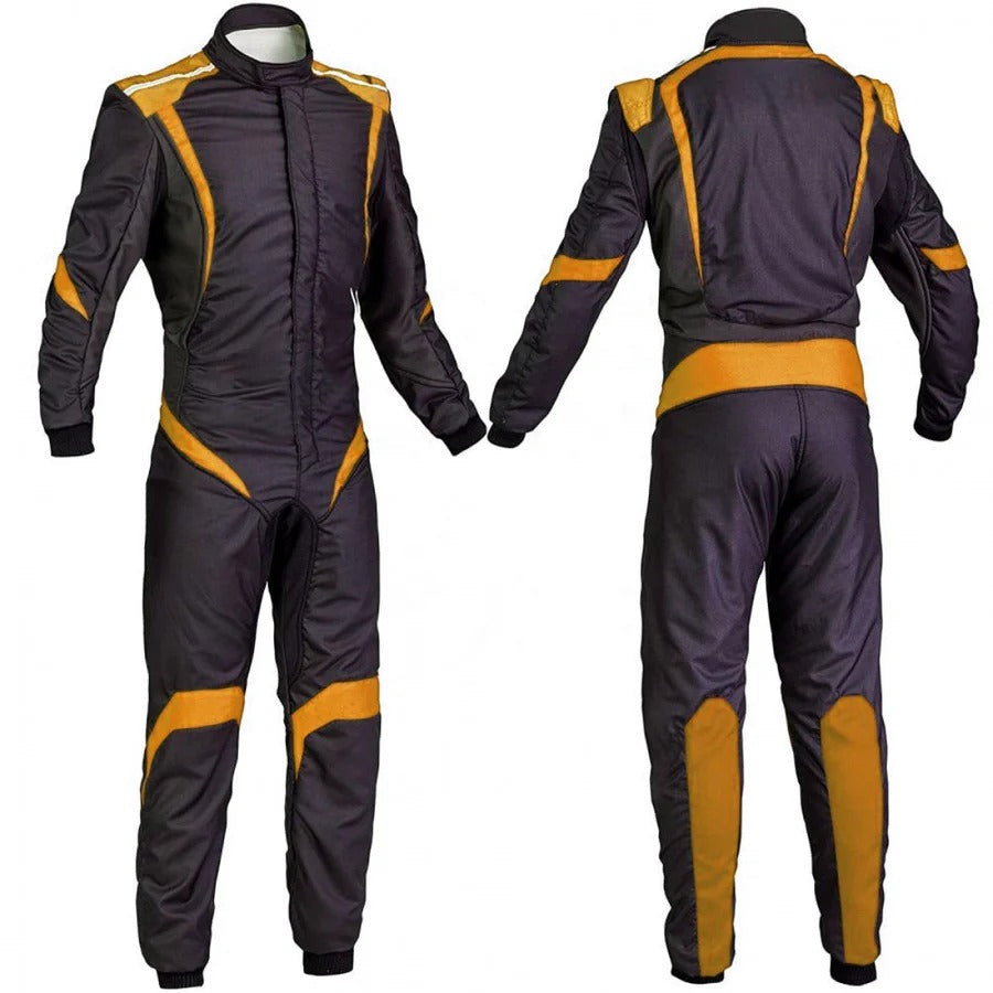 A custom purple go-kart racing outfit with yellow accents, featuring a full zip and elasticated cuffs, displayed front and back.