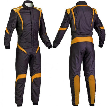 A custom purple go-kart racing outfit with yellow accents, featuring a full zip and elasticated cuffs, displayed front and back.