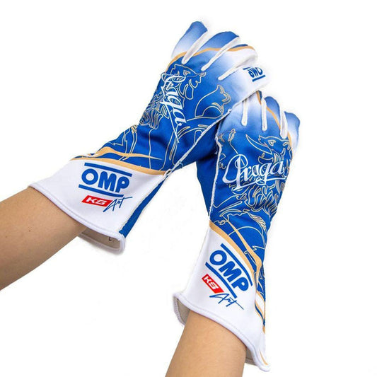 Pair of blue and white Praga KS-ART Customized racing gloves with OMP branding on a white background