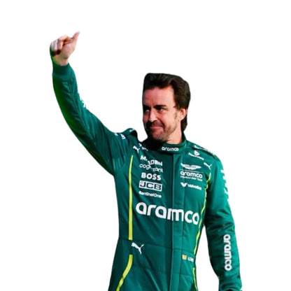Close-up of premium fabric texture, stitching quality, and logo embroidery on the 2025 F1 driver costume used by Fernando Alonso.