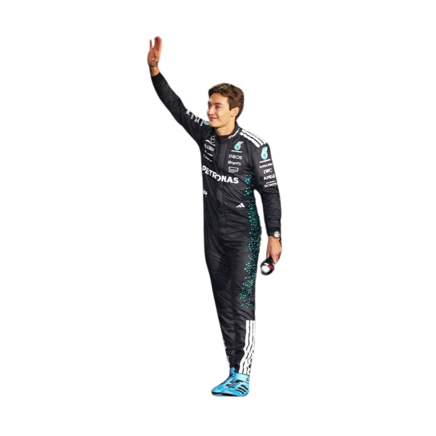 Side profile of 2025 racing outfit worn by George Russell with contour-hugging panels, breathable mesh insets, and streamlined sponsor layout.