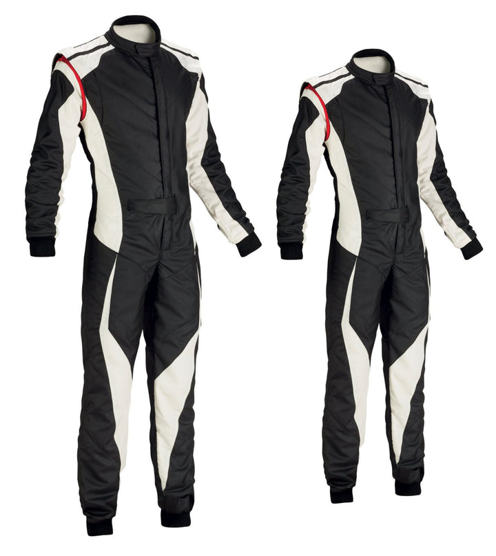 A go kart racing suit featuring a black base with white and red accents, including a full zip and elasticated cuffs, displayed in two different views.
