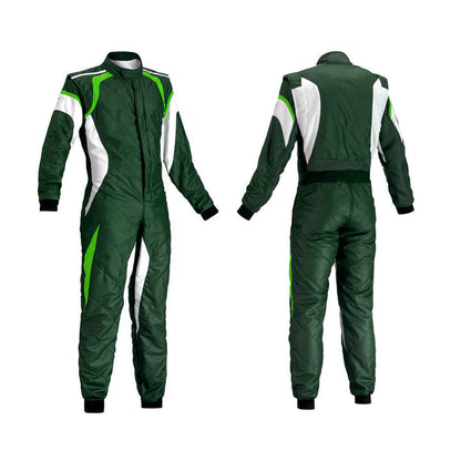 A front and back view of a green go kart racing suit with white and black accents, featuring a full zip and elasticated cuffs.