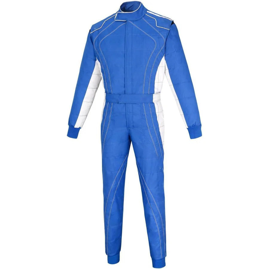 A blue go kart racing suit with white and black accents, including a full zip and elasticated cuffs, designed for male racers.