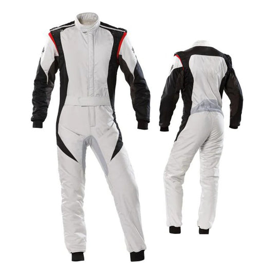 A white go kart racing suit with black and red accents, featuring a full zip closure, elasticated cuffs, and a fine collar with Velcro.