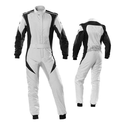 A white go-kart race suit with black accents, featuring a full zip, elasticated cuffs, and a fine collar with Velcro.