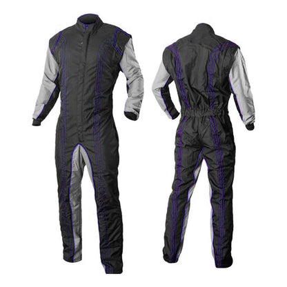 A Kart Racing Suit for Men/Women in black with blue accents, designed for comfort and safety, showing front and back views.