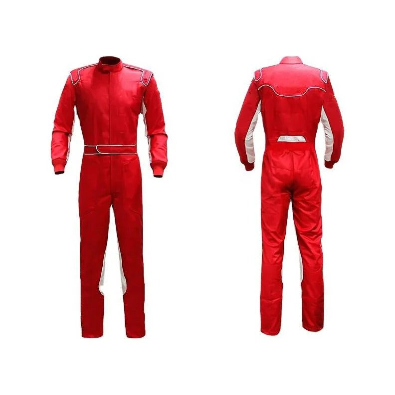 A red kart racing streamlined suit with white and silver accents, featuring a full zip, elasticated cuffs, and a fine collar with Velcro.