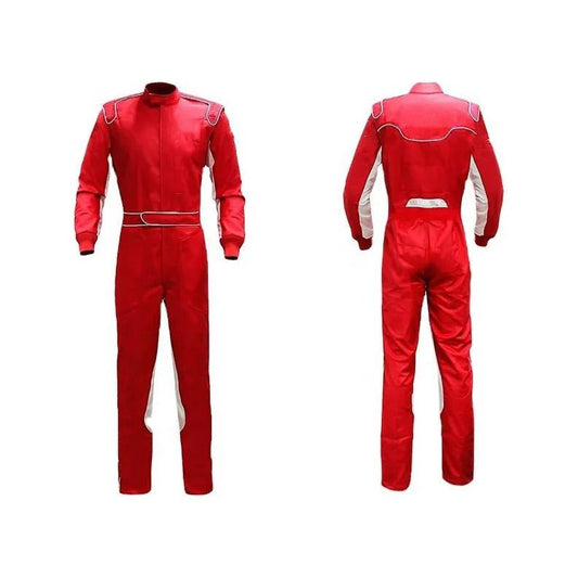 A red kart racing streamlined suit with white and silver accents, featuring a full zip, elasticated cuffs, and a fine collar with Velcro.