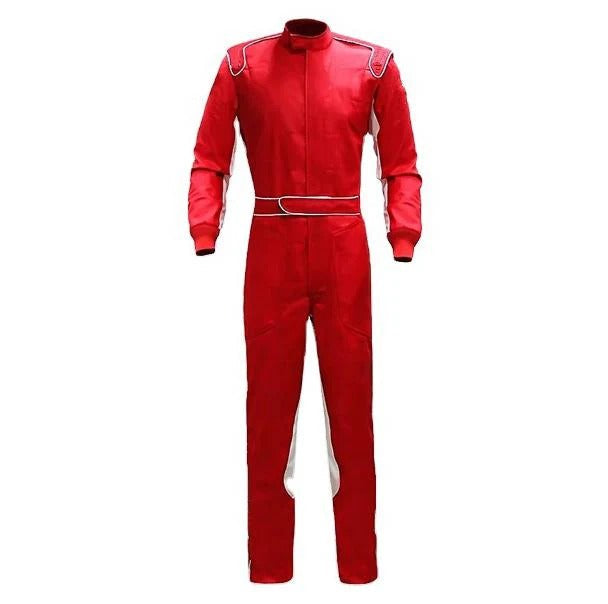 Red Streamlined kart racing suit front view showing aerodynamic design, contoured fit, and lightweight stretch panels.