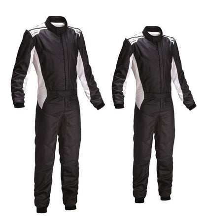 Two views of a black kart racing suit with white and gray accents, featuring a full zip and elasticated cuffs.