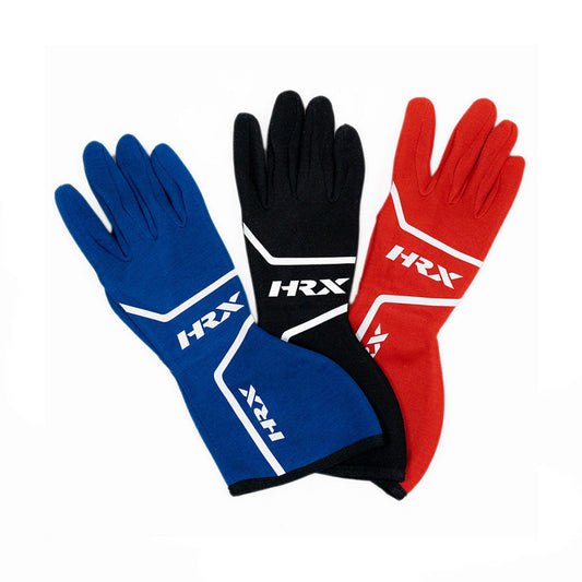 Three gloves in blue, black, and red with 'HRX' branding on a white background