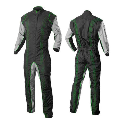 A karting race suit featuring a one-piece design with black and gray colors and green accents, including a full zip and elasticated cuffs.