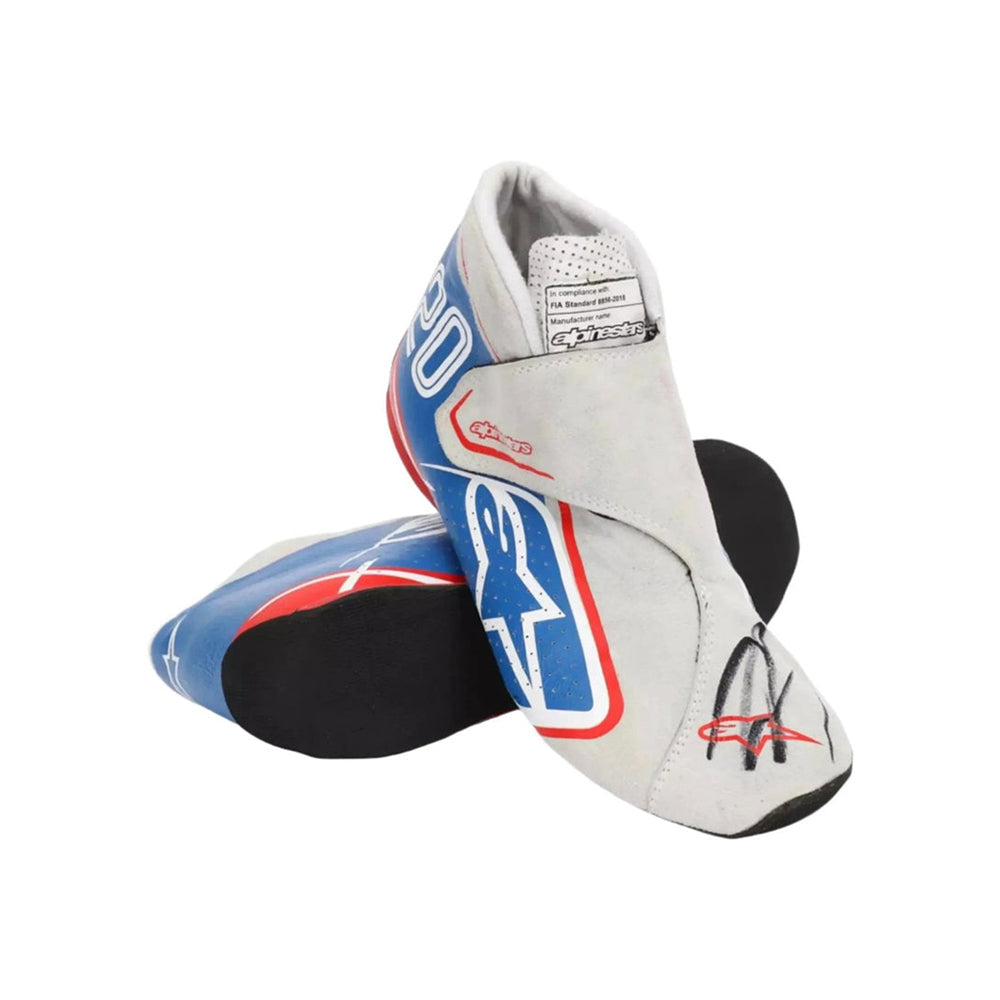 Pair of white, blue, and red Kevin Magnussen 2022 Italian GP Special Edition F1 Racing shoes with a logo on a white background