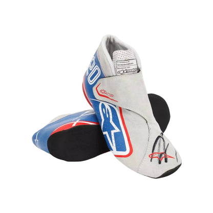 Pair of white, blue, and red Kevin Magnussen 2022 Italian GP Special Edition F1 Racing shoes with a logo on a white background