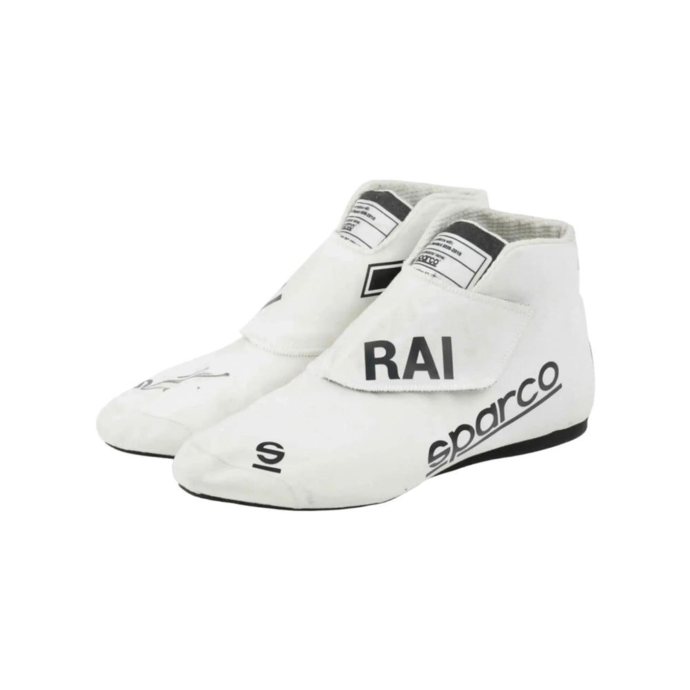 White Kimi Raikkonen 2021 F1 racing shoes with 'Sparco' and 'RAI' branding on a white background