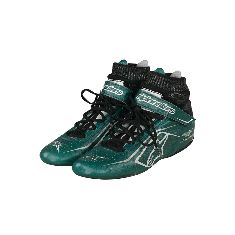 Pair of green high-top Lance Stroll 2021 F1 Racing sneakers with black laces on a white background