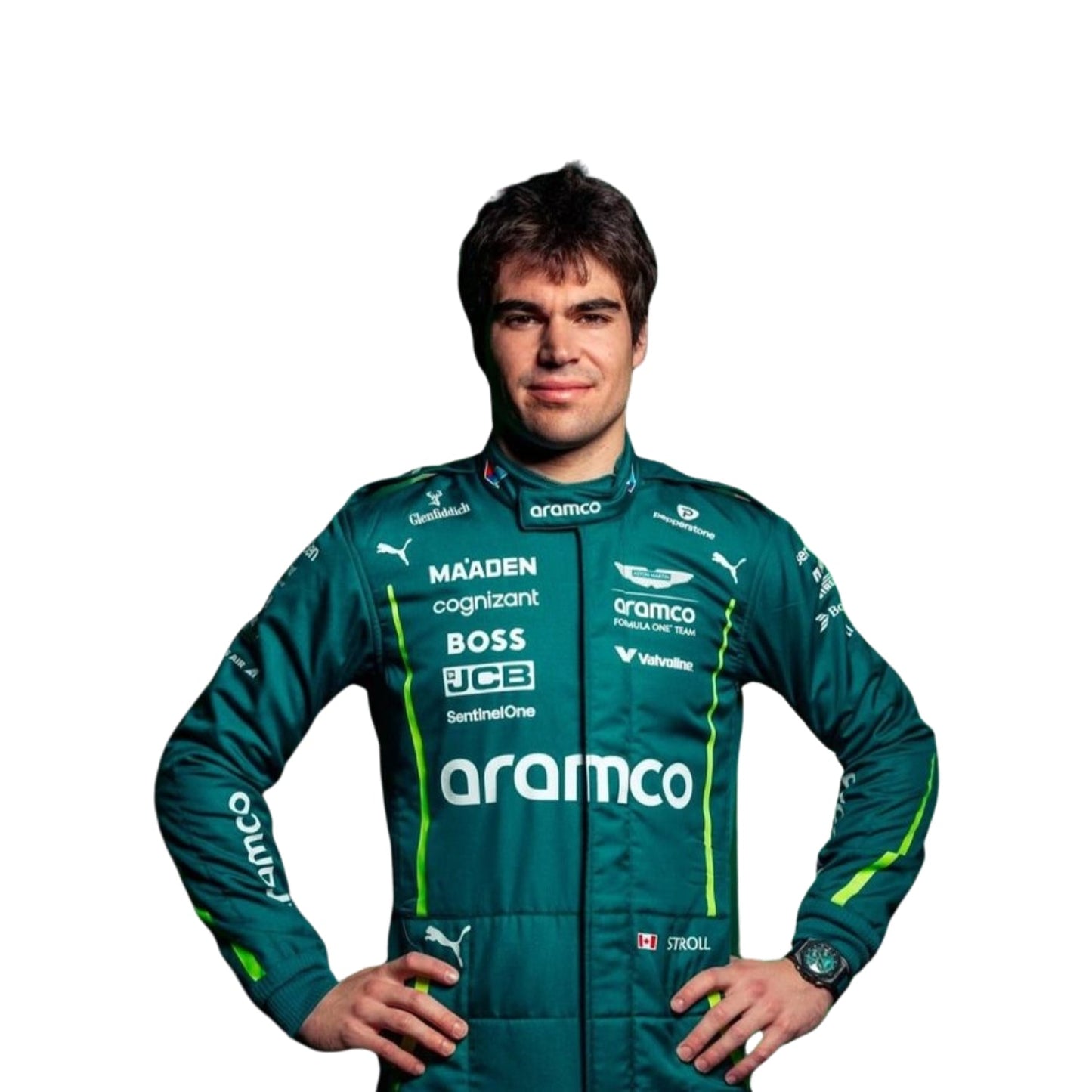 Close-up of premium fabric texture, stitching quality, and logo embroidery on the 2025 F1 driver costume used by Lance Stroll.