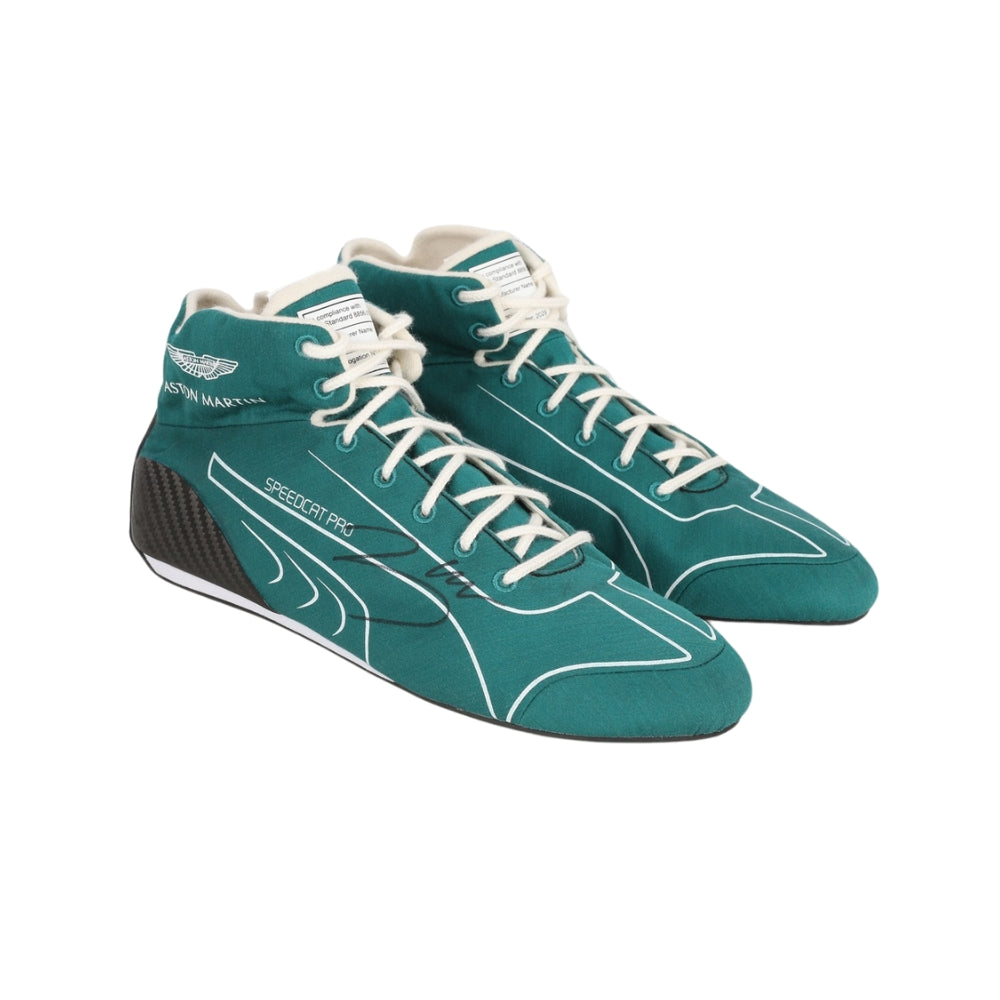 Teal Lance Stroll Dutch GP 2022 F1 racing shoes with white laces on a white background