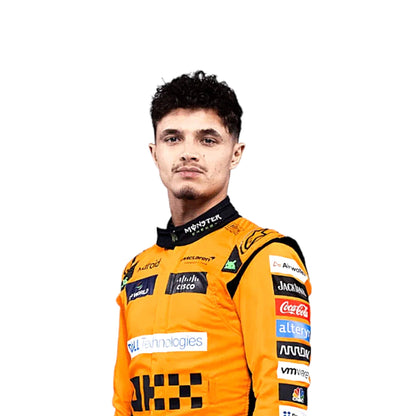 Lando Norris wearing an orange Mclaren 2025 f1 racing suit with various sponsor logos on a white background