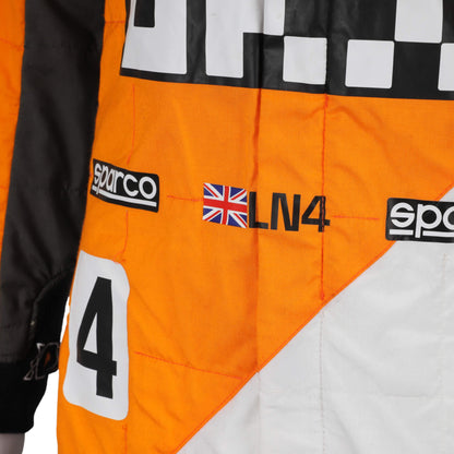 Close-up of Lando Norris's 2024 Formula 1 racing suit elements, illustrating the high-quality fabric texture