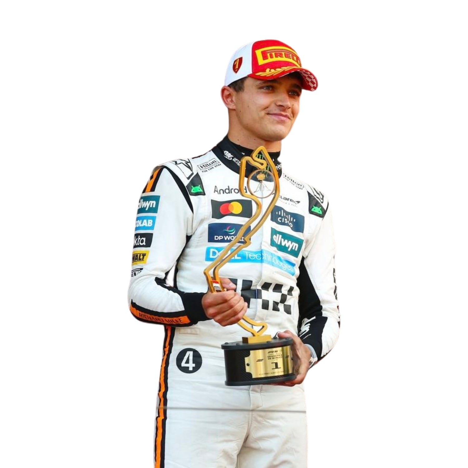 Close-up of the Monaco GP 2025 white racing suit fabric, highlighting crisp McLaren embroidery and precision stitching on the retro-style driver attire.