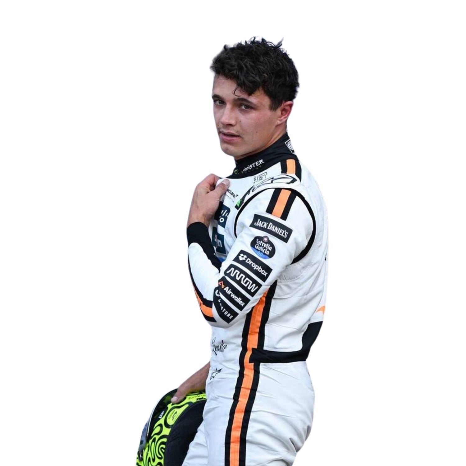 Side profile of the 2025 Monaco Grand Prix white suit worn by Lando Norris showing clean aerodynamic lines and vintage black circle number detail.