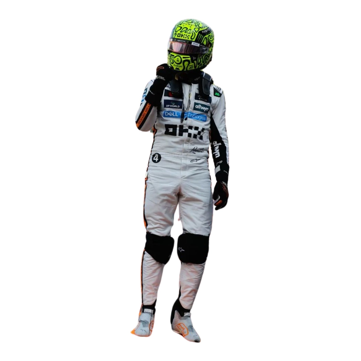 Front view of the 2025 Monaco GP white race suit worn by Lando Norris featuring classic black number in circle on a retro-inspired all-white base.