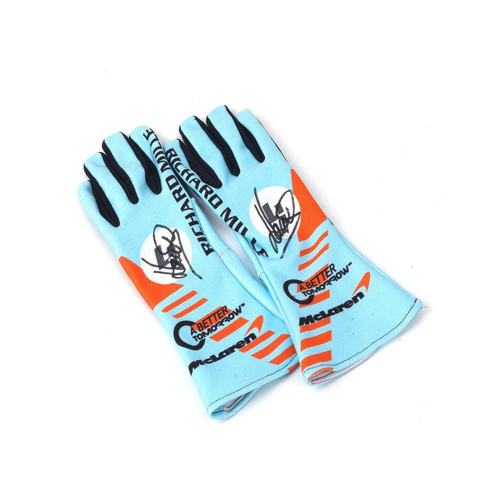 Pair of light blue LANDO NORRIS RARE SPECIAL EDITION GULF F1 Racing gloves with black and orange accents on a white background