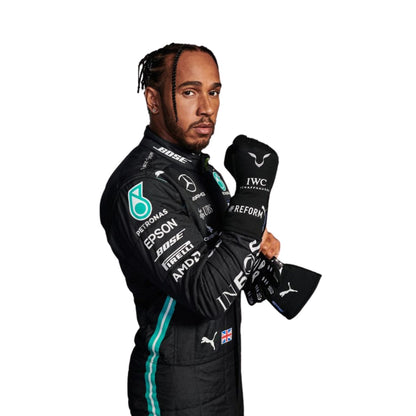 Lewis Hamilton's 2024 side profile view: sleek black base with turquoise accents, featuring a modern design with subtle detailing on the chest and arms