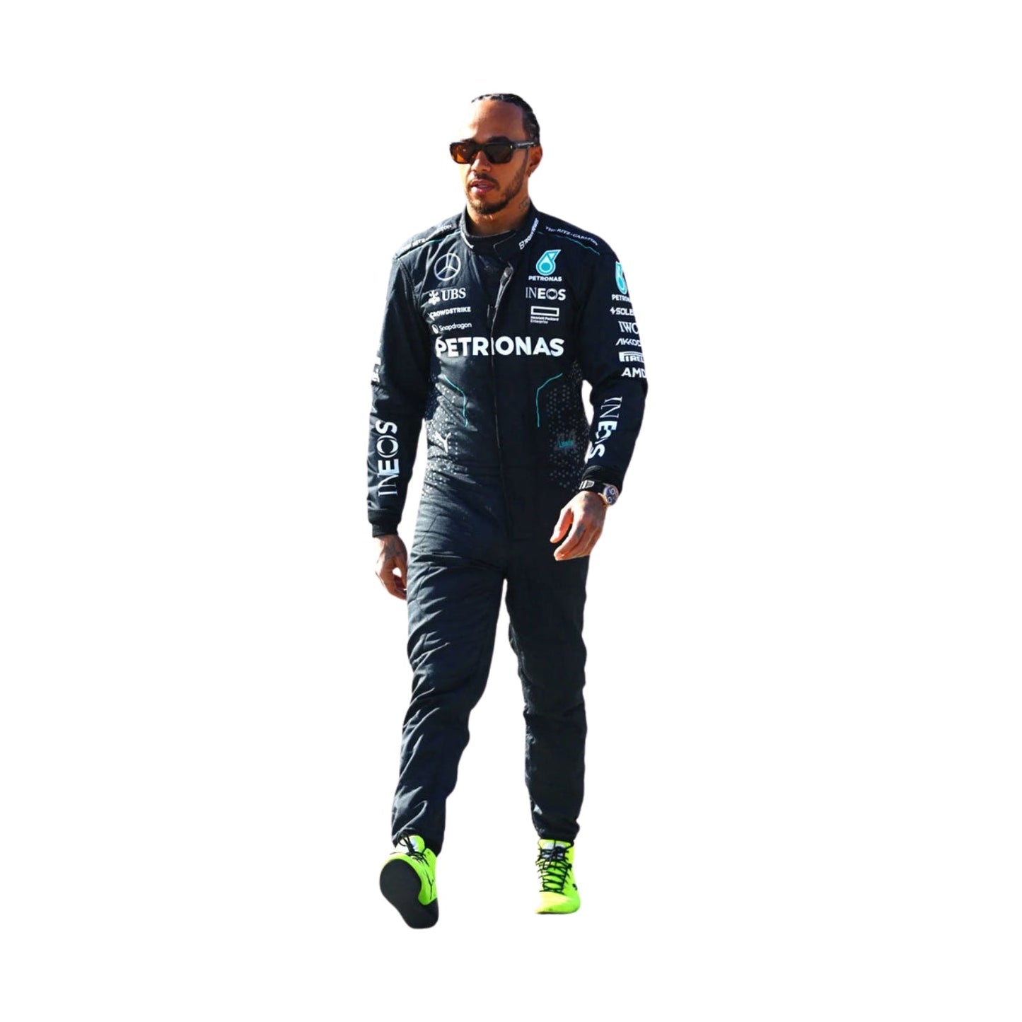 Lewis Hamilton's 2024 F1 racing suit, front full view: sleek black base with turquoise accents, featuring a modern design with subtle detailing on the chest and arms.