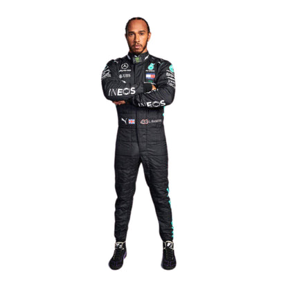 Lewis Hamilton's player 2024 F1 racing suit, front view: sleek black base with turquoise accents, featuring a modern design with subtle detailing.