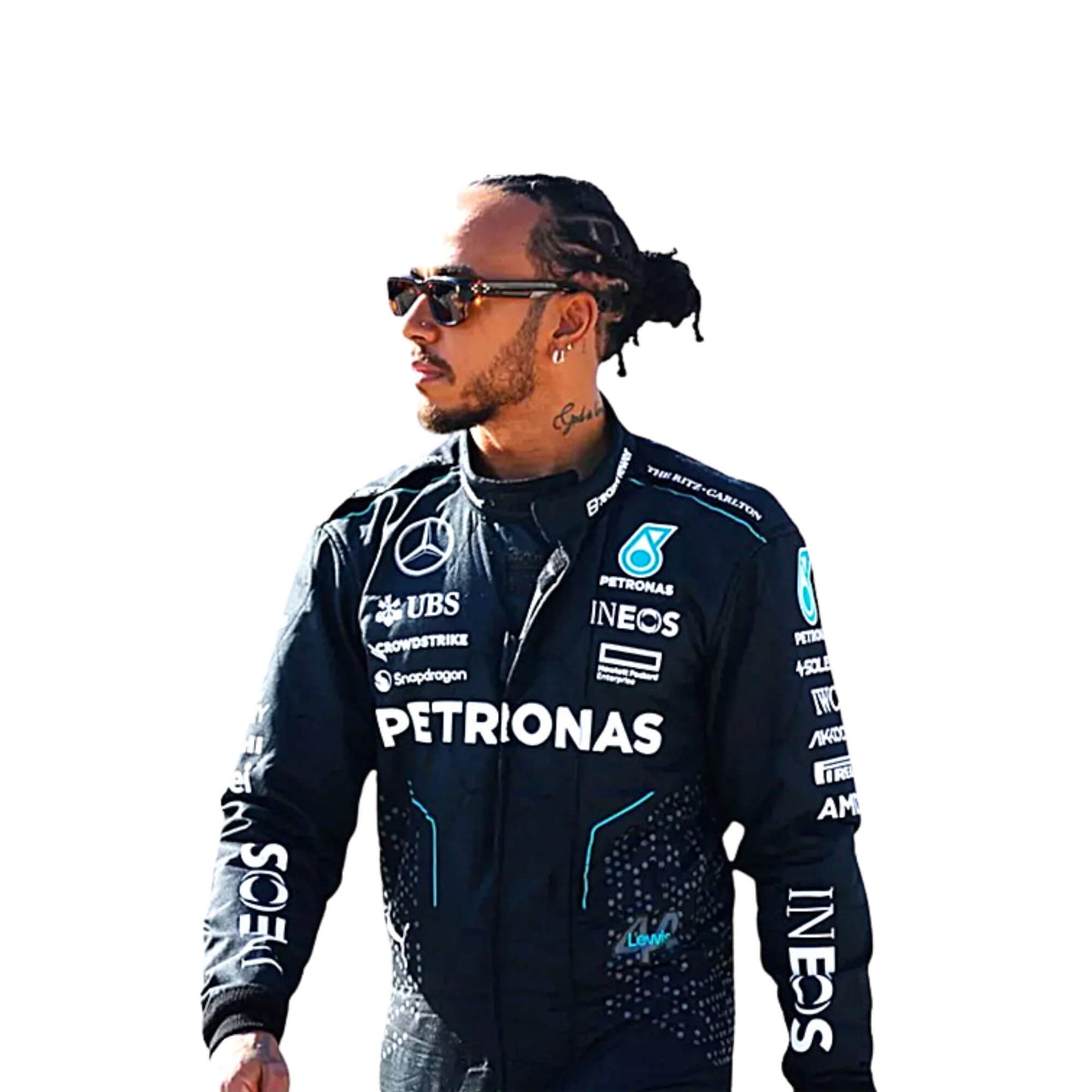 Lewis Hamilton's 2024 side front closeup view: sleek black base with turquoise accents, featuring a modern design with subtle detailing on the chest and arms