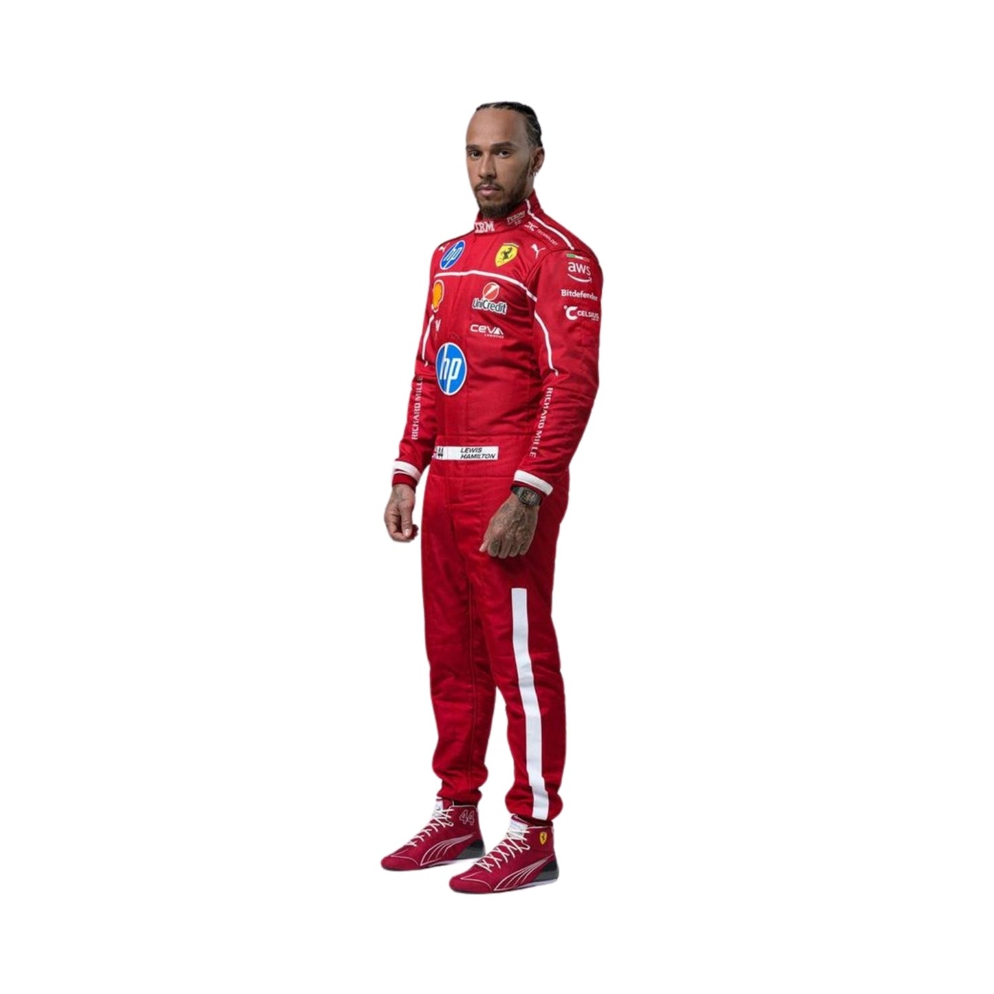 Left Side profile of the 2025 Lewis Hamilton F1 costume, showing curved sleeve patterns, ergonomic panel stitching, and side sponsor detailing.