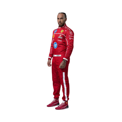Left Side profile of the 2025 Lewis Hamilton F1 costume, showing curved sleeve patterns, ergonomic panel stitching, and side sponsor detailing.