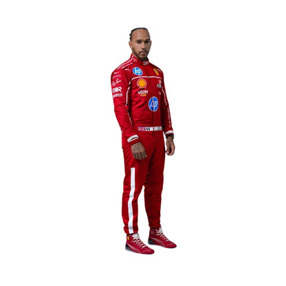 Right Side profile of the 2025 Lewis Hamilton F1 costume, showing curved sleeve patterns, ergonomic panel stitching, and side sponsor detailing.