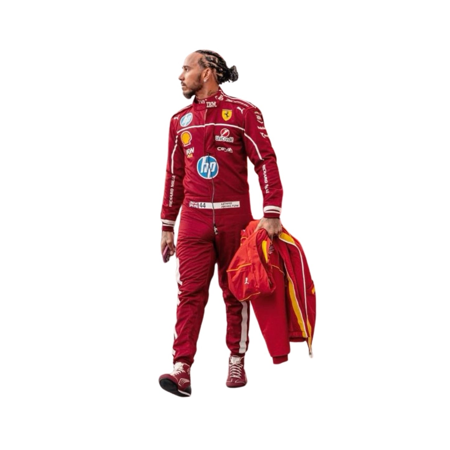2025 F1 racing costume front view worn by Lewis Hamilton featuring aerodynamic design, sponsor patches, and sharp contrast panels in red, black, and silver.
