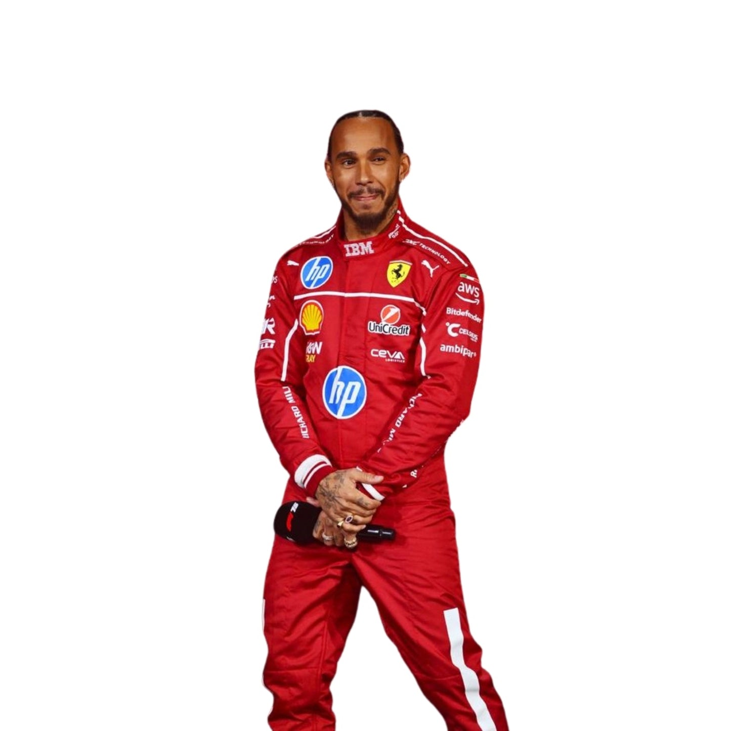 Detailed close-up of the 2025 race suit materials worn by Hamilton, highlighting the precision stitching, breathable mesh zones, and performance-enhancing textures.