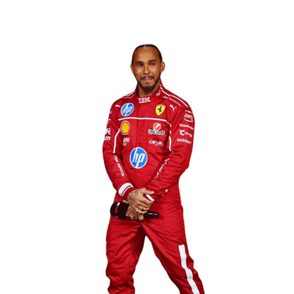 Detailed close-up of the 2025 race suit materials worn by Hamilton, highlighting the precision stitching, breathable mesh zones, and performance-enhancing textures.