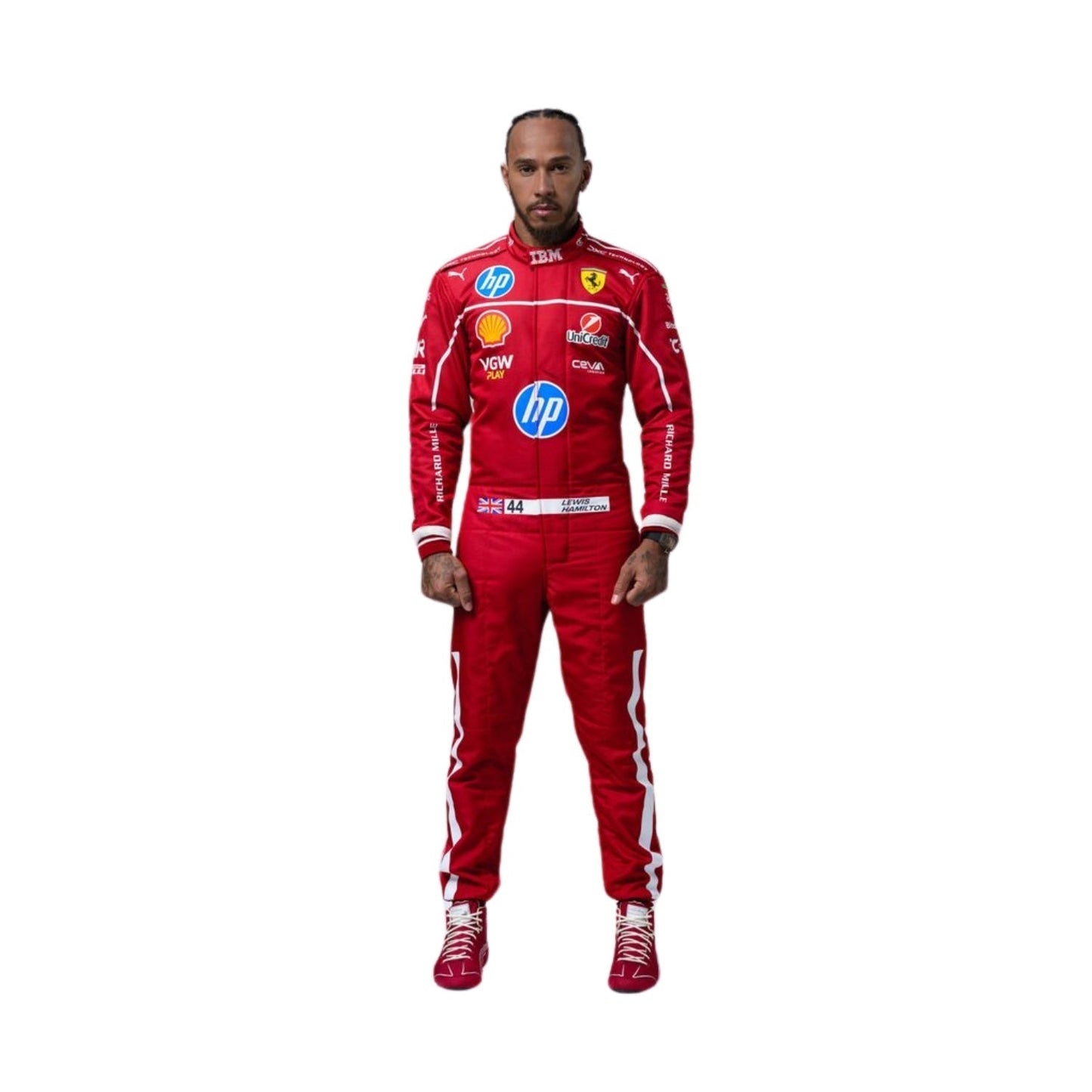 2025 F1 racing costume front view worn by Lewis Hamilton featuring aerodynamic design, sponsor patches, and sharp contrast panels in red, black, and silver.