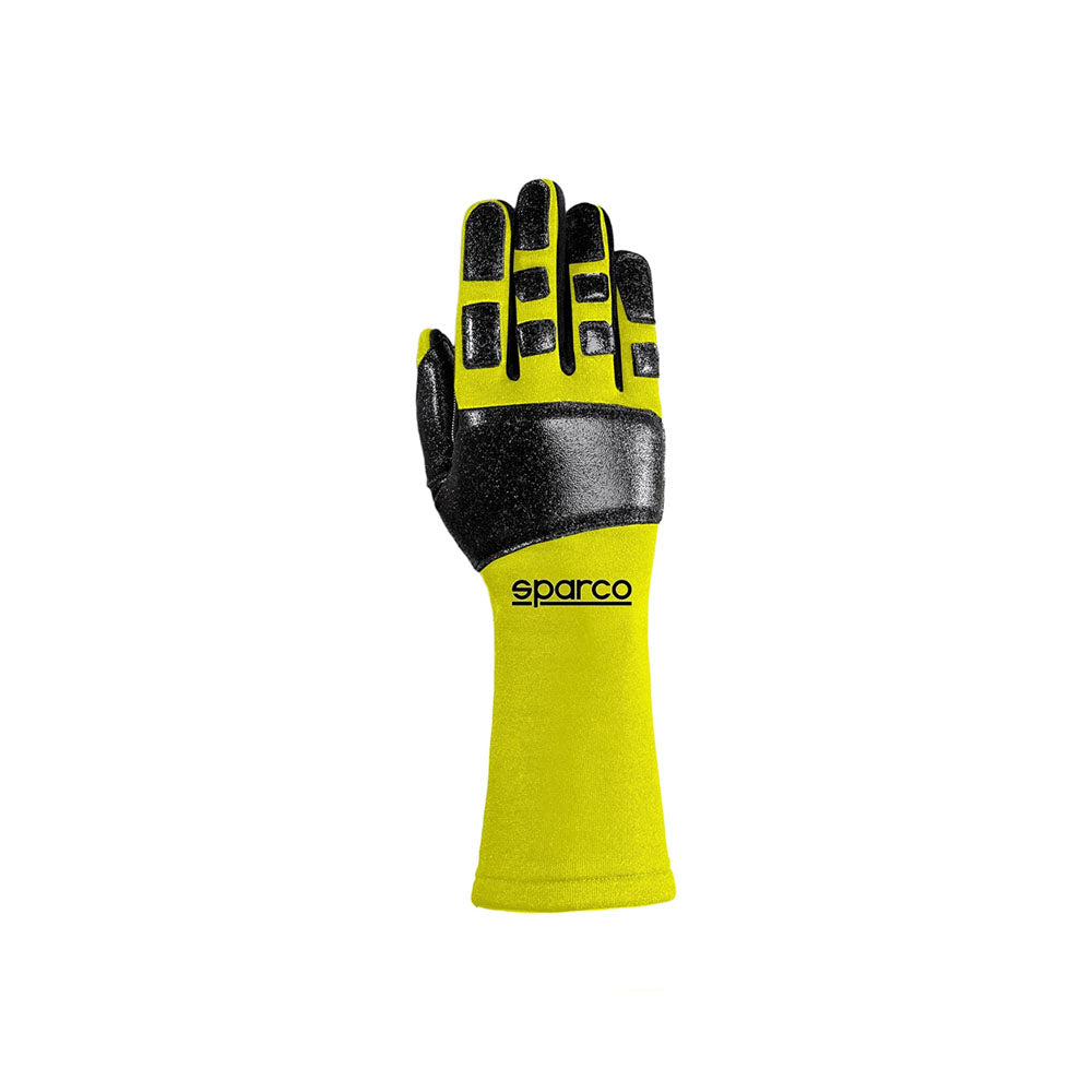 Yellow and black racing glove with 'sparco' branding on a white background