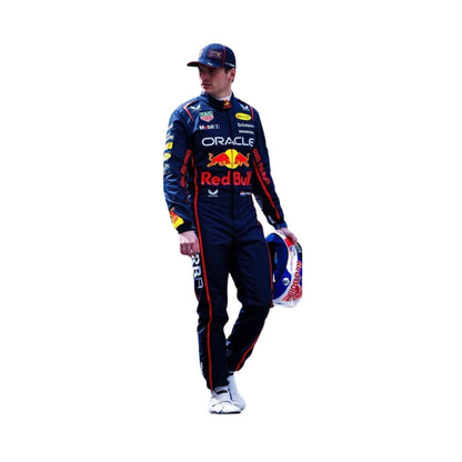 Front view of 2025 F1 racing costume worn by Max Verstappen featuring aggressive contour lines, dynamic stretch zones, and precision sponsor placement in deep navy and crimson tones