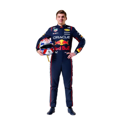 Front view of 2025 F1 racing costume worn by Max Verstappen featuring aggressive contour lines, dynamic stretch zones, and precision sponsor placement in deep navy and crimson tones