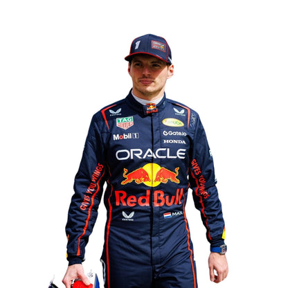 Close-up of premium fabric and stitching on the 2025 Formula 1 costume used by Verstappen, highlighting logo detailing and heat-resistant material.